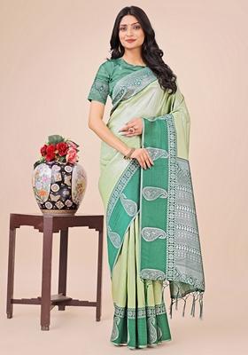 Light Green Zari Work Lichi Silk Saree Set