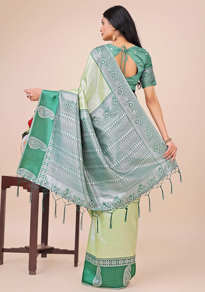 Light Green Zari Work Lichi Silk Saree Set
