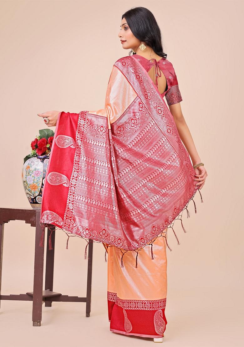 Peach Zari Work Lichi Silk Saree Set
