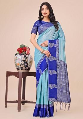 Teal Blue Zari Work Lichi Silk Saree Set