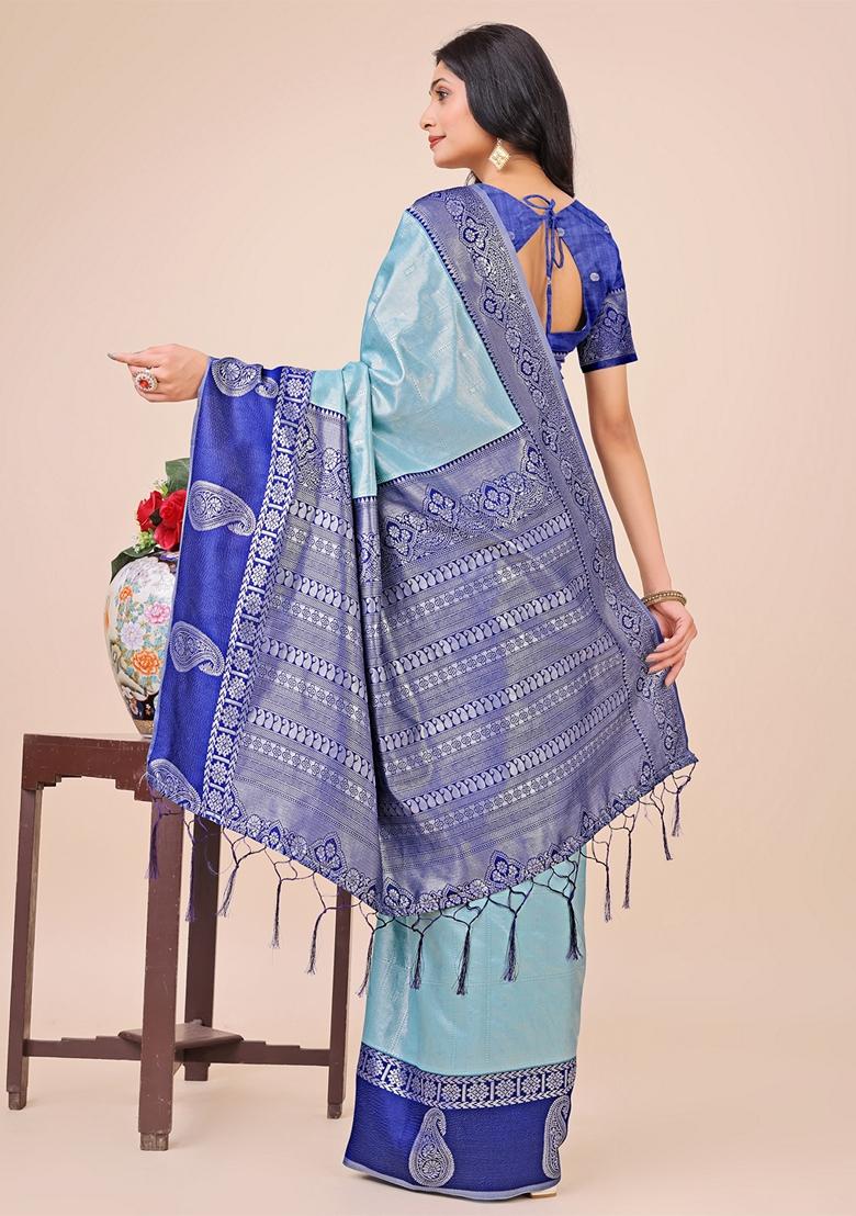 Teal Blue Zari Work Lichi Silk Saree Set
