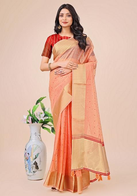 Peach Printed Organza Saree Set