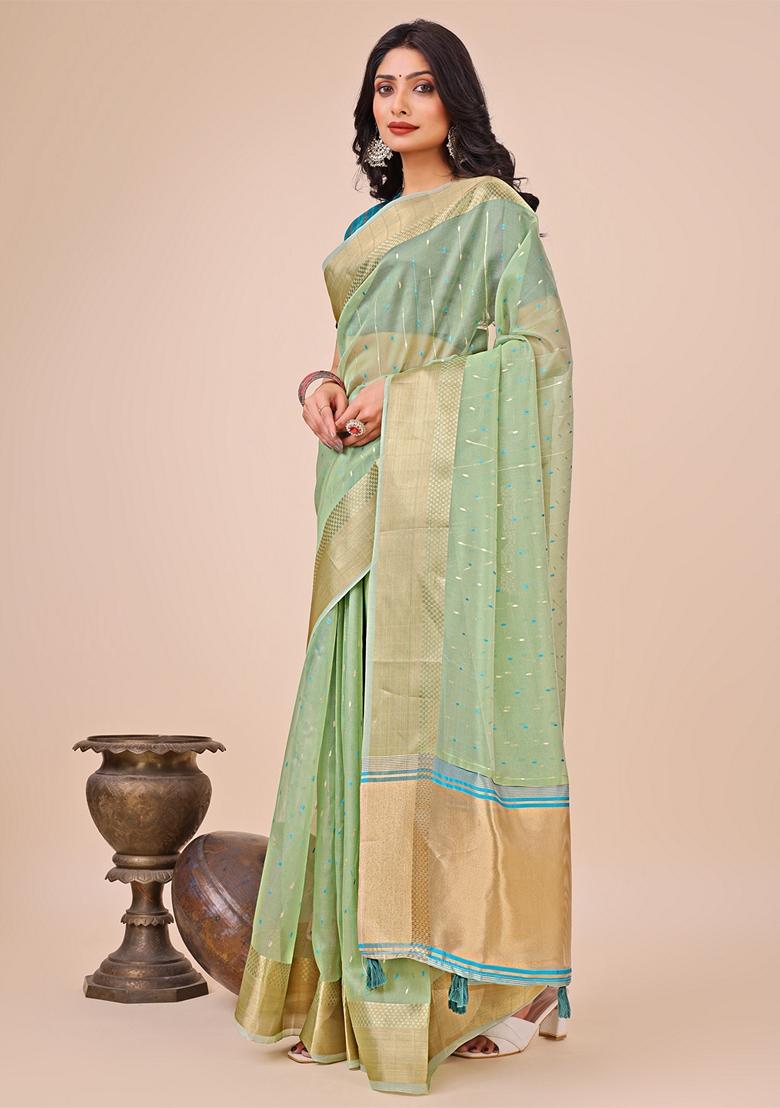 Green Printed Organza Saree Set