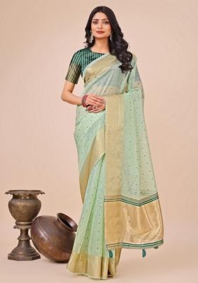 Olive Green Printed Organza Saree Set