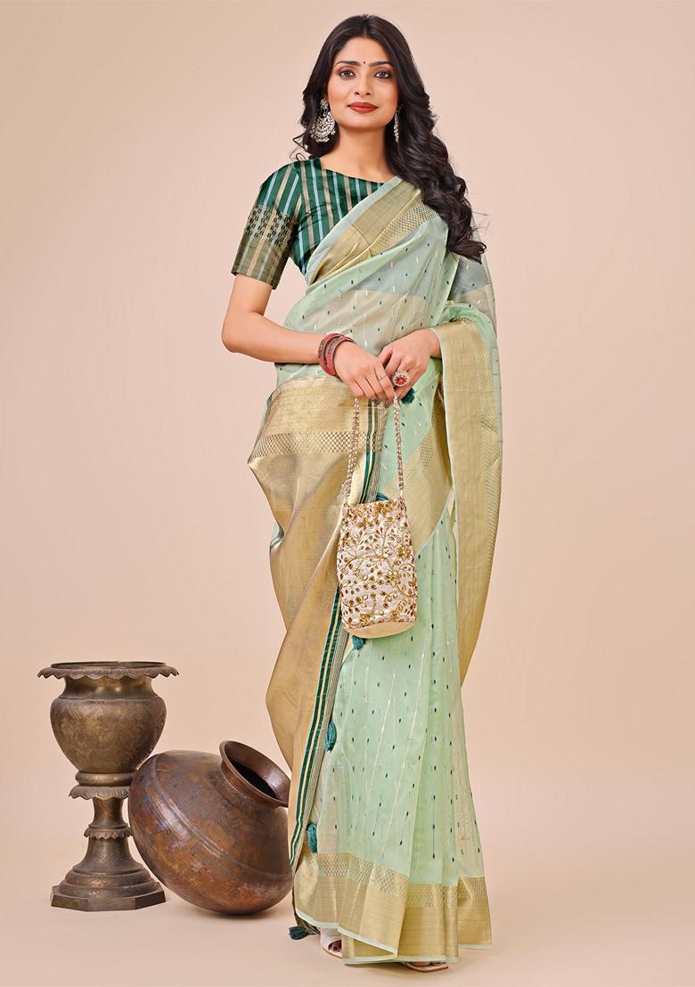 Olive Green Printed Organza Saree Set
