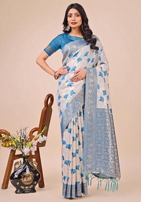 Sky Blue Zari Work Linen Cotton Saree Set