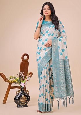 Teal Blue Zari Work Linen Cotton Saree Set