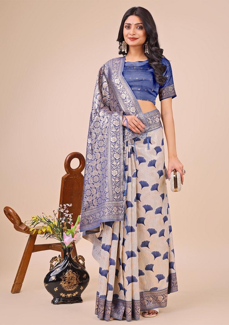Blue Zari Work Linen Cotton Saree Set