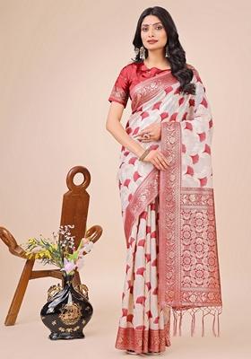 Maroon Zari Work Linen Cotton Saree Set