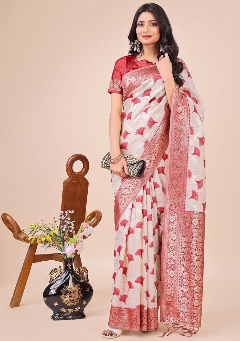 Maroon Zari Work Linen Cotton Saree Set