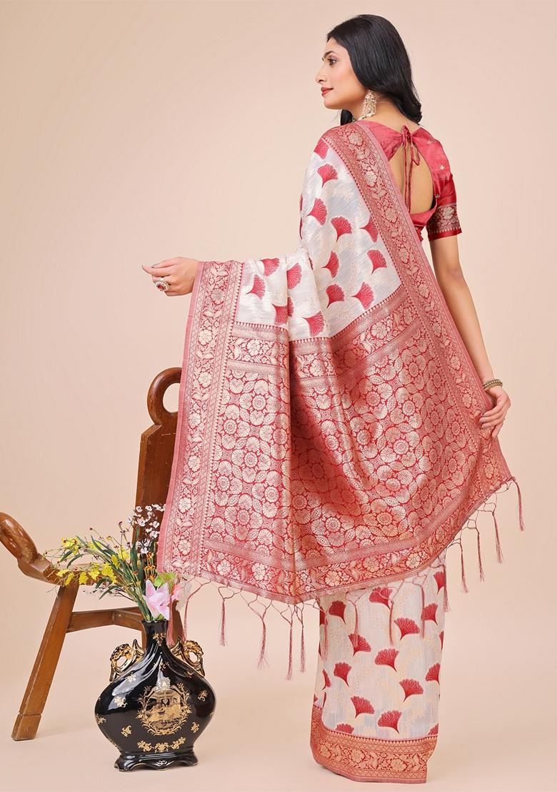 Maroon Zari Work Linen Cotton Saree Set