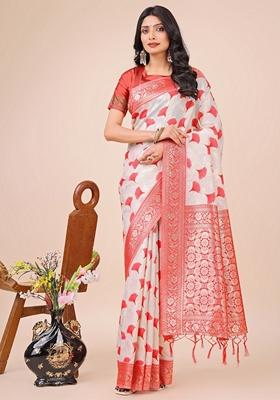 Red Zari Work Linen Cotton Saree Set