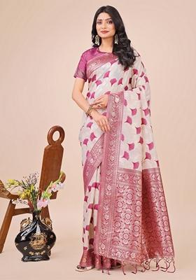 Magenta Zari Work Linen Cotton Saree Set