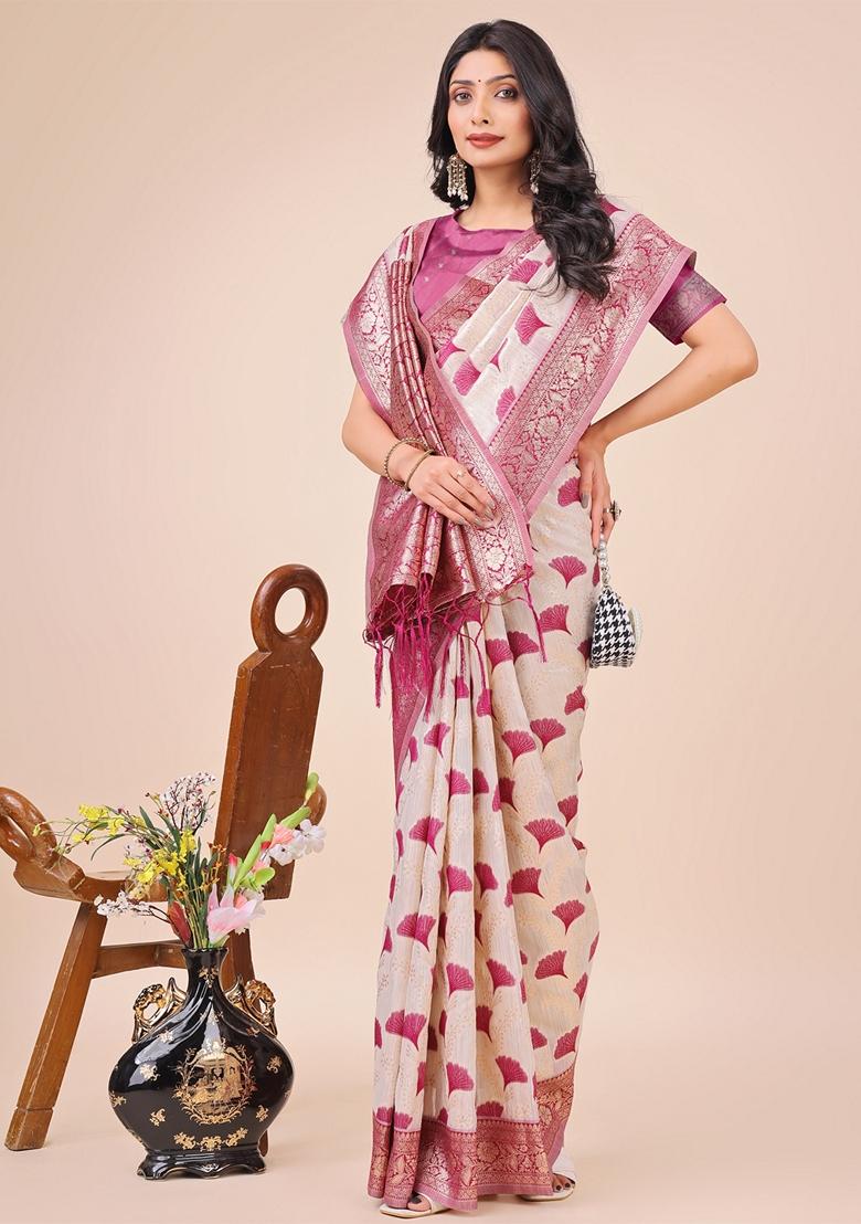 Magenta Zari Work Linen Cotton Saree Set