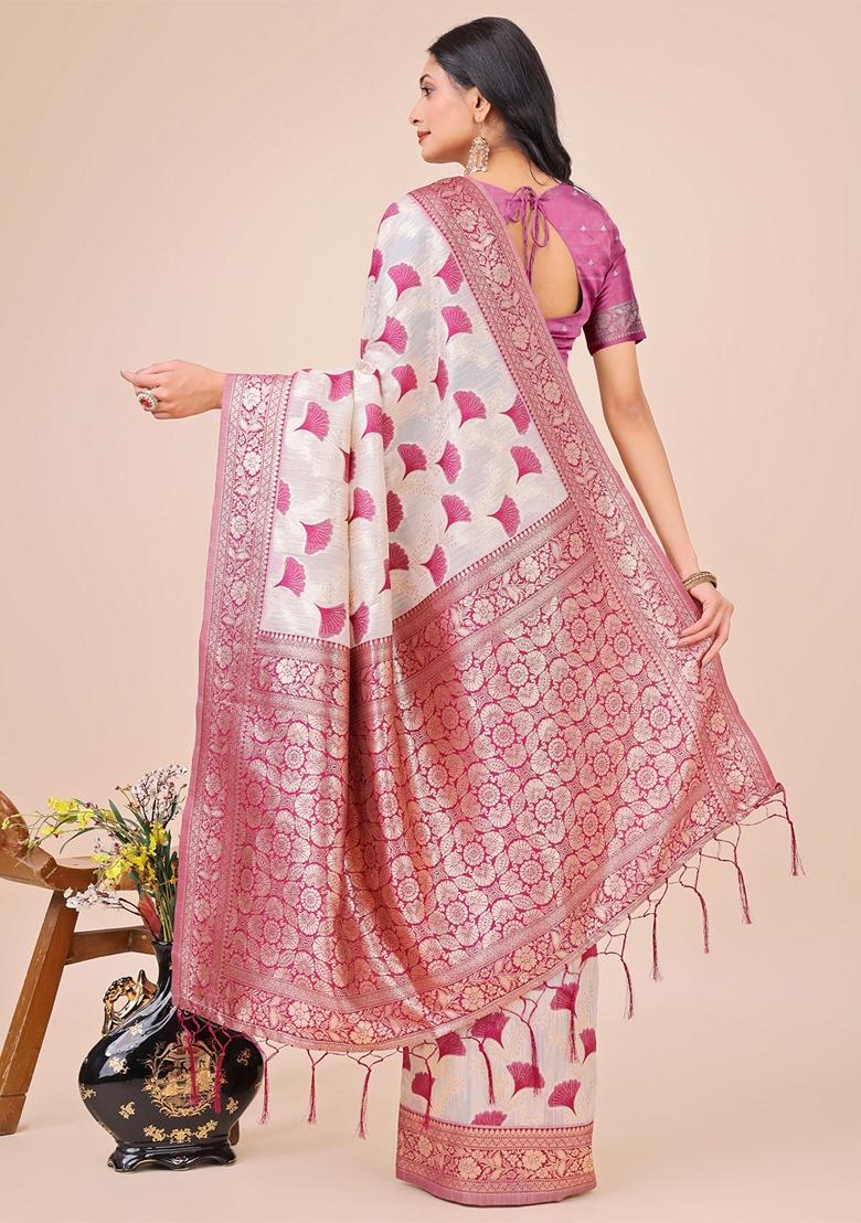 Magenta Zari Work Linen Cotton Saree Set