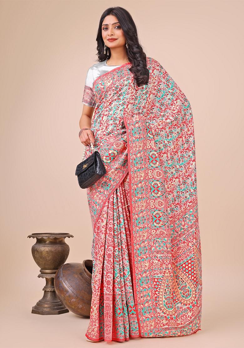 White Zari Work Cotton Saree Set