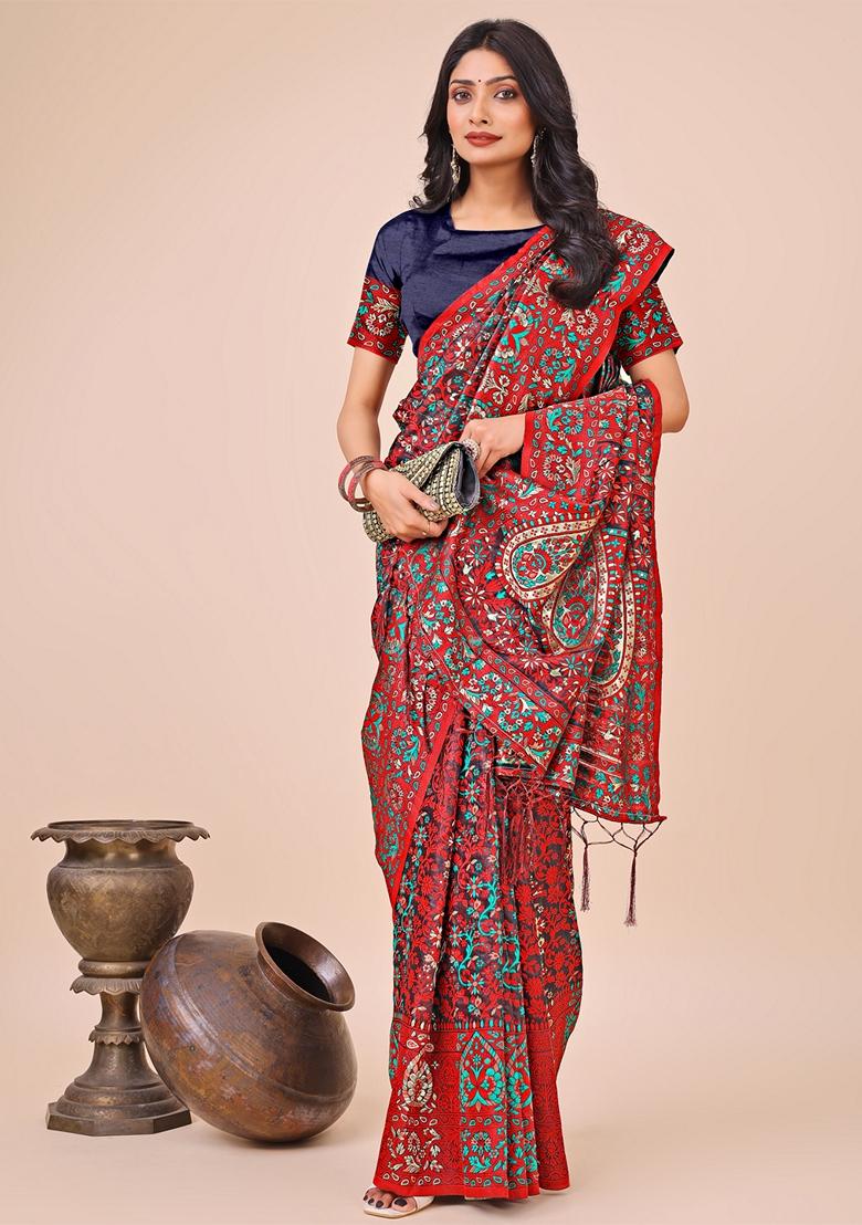 Red Zari Work Cotton Saree Set