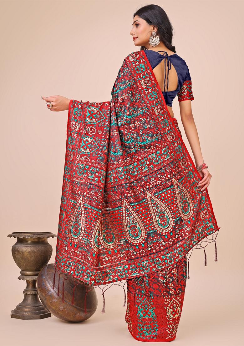 Red Zari Work Cotton Saree Set