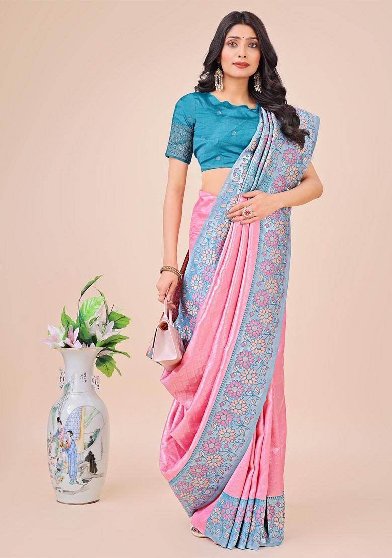 Pink Zari Work Lichi Silk Saree Set