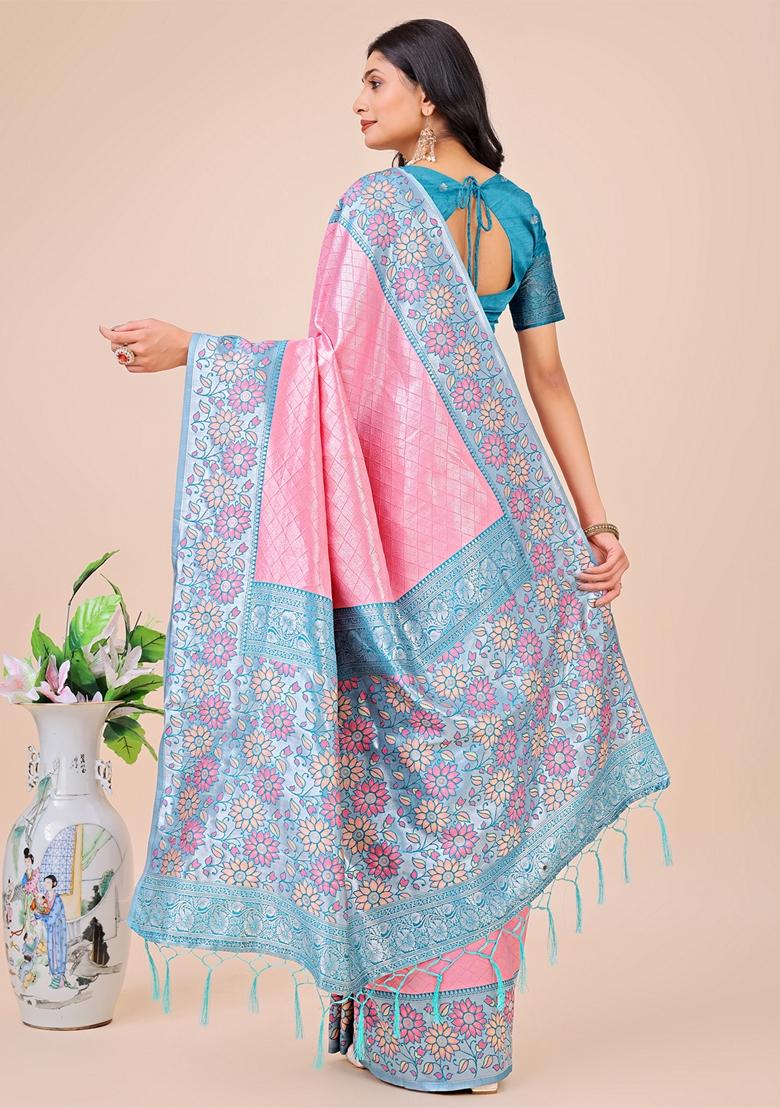 Pink Zari Work Lichi Silk Saree Set