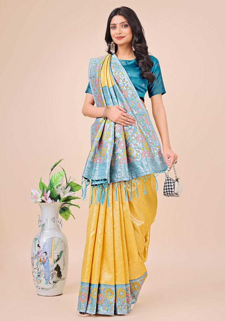 Yellow Zari Work Lichi Silk Saree Set