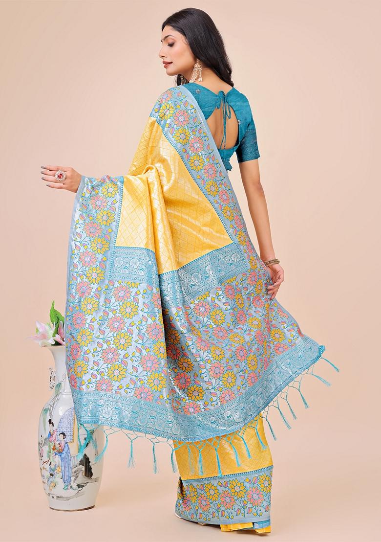 Yellow Zari Work Lichi Silk Saree Set