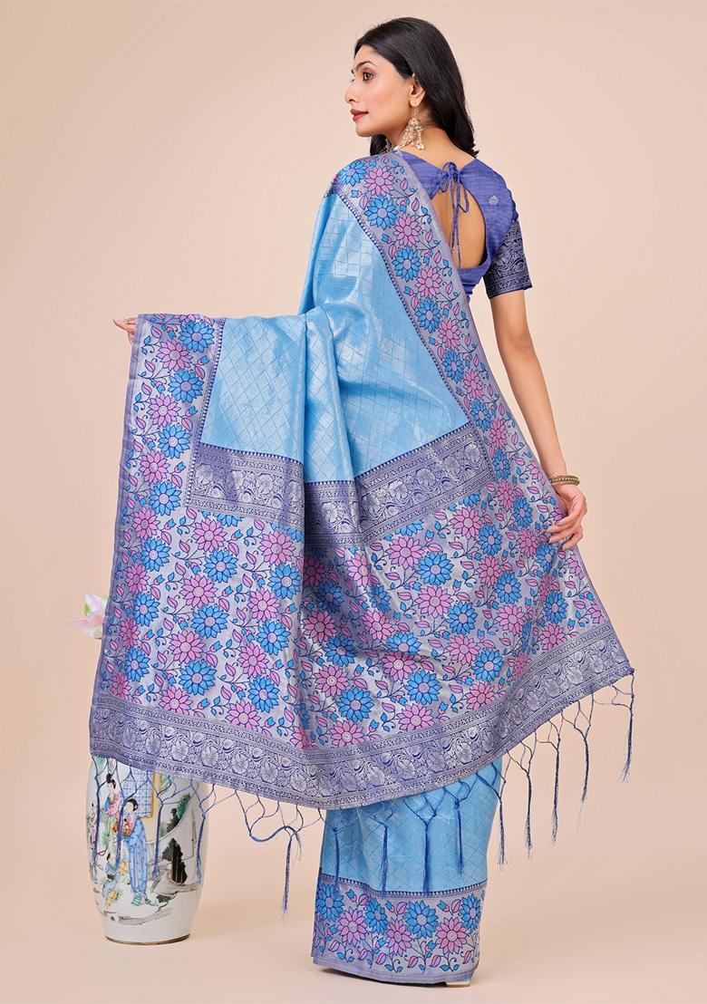 Sky Blue Zari Work Lichi Silk Saree Set