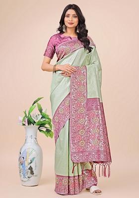 Olive Green Zari Work Lichi Silk Saree Set