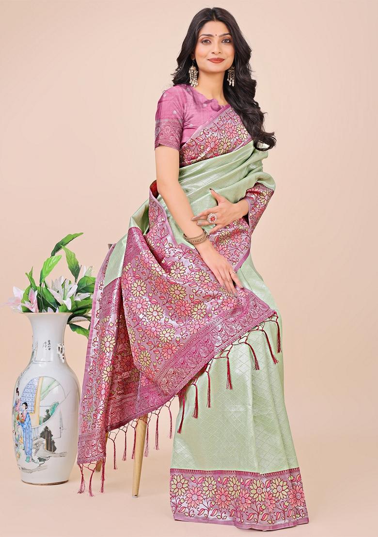 Olive Green Zari Work Lichi Silk Saree Set