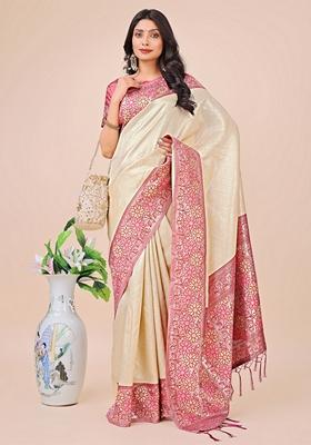 Cream Zari Work Lichi Silk Saree Set