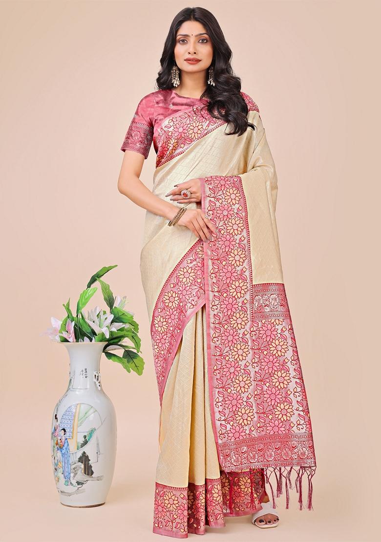 Cream Zari Work Lichi Silk Saree Set