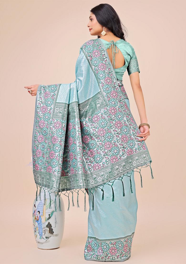 Light Green Zari Work Lichi Silk Saree Set