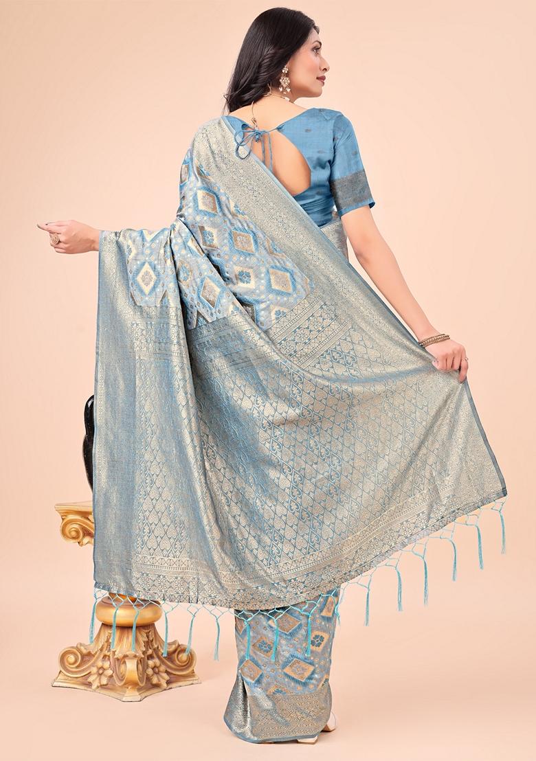 Sky Blue Zari Work Cotton Saree Set