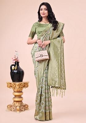 Mehendi Green Zari Work Cotton Saree Set