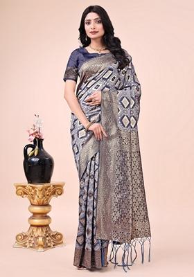 Navy Blue Zari Work Cotton Saree Set