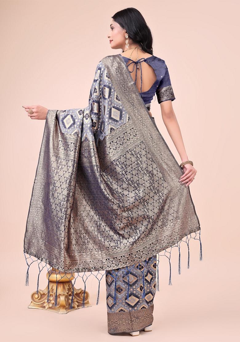 Navy Blue Zari Work Cotton Saree Set