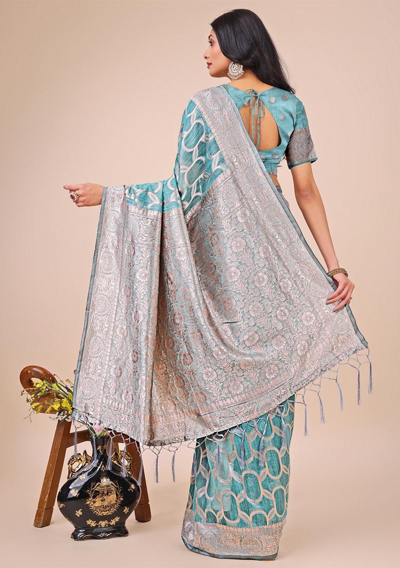 Teal Blue Zari Work Linen Cotton Saree Set