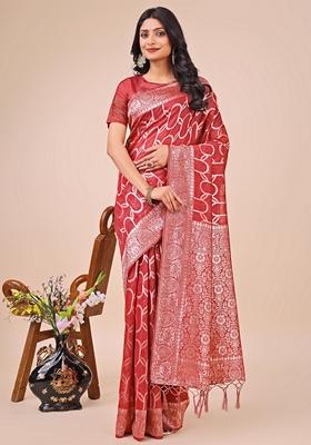 Red Zari Work Linen Cotton Saree Set