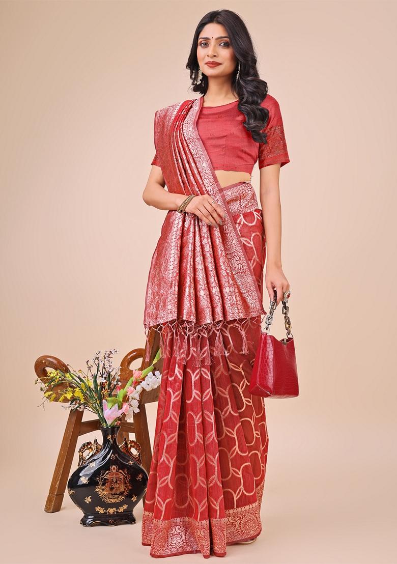 Red Zari Work Linen Cotton Saree Set