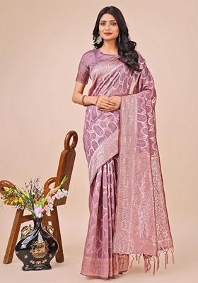 Purple Zari Work Linen Cotton Saree Set