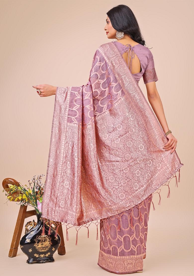 Purple Zari Work Linen Cotton Saree Set