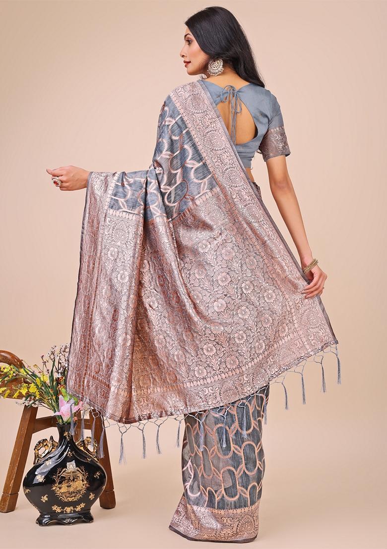 Grey Zari Work Linen Cotton Saree Set