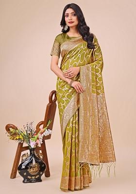 Olive Green Zari Work Linen Cotton Saree Set
