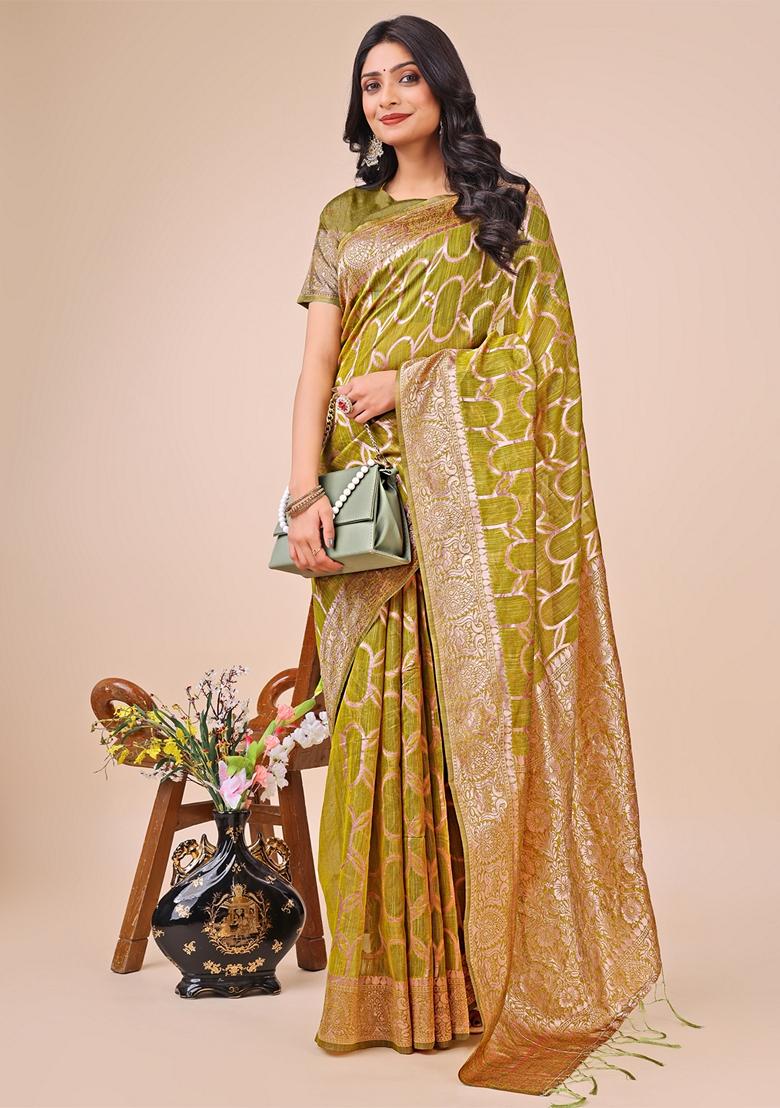 Olive Green Zari Work Linen Cotton Saree Set