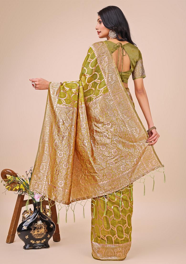 Olive Green Zari Work Linen Cotton Saree Set