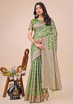 Green Zari Work Linen Cotton Saree Set