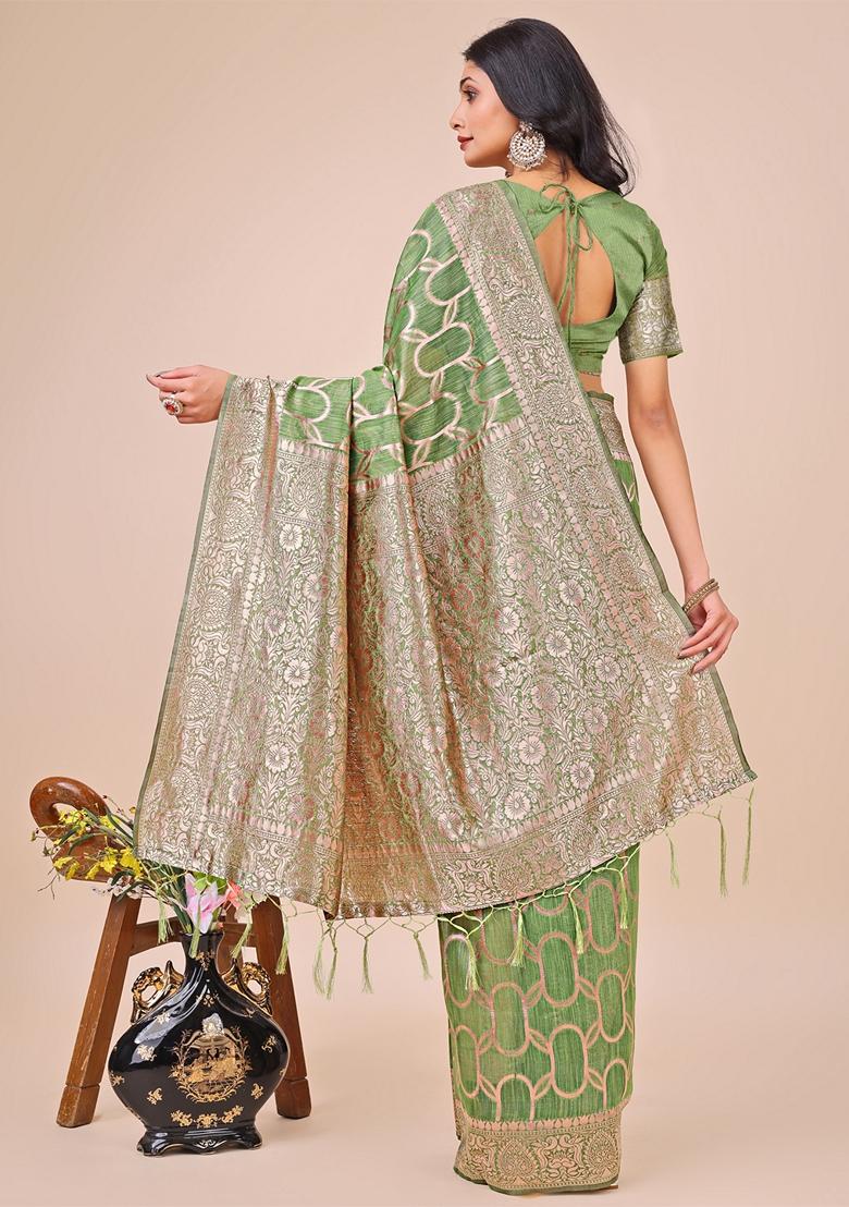 Green Zari Work Linen Cotton Saree Set