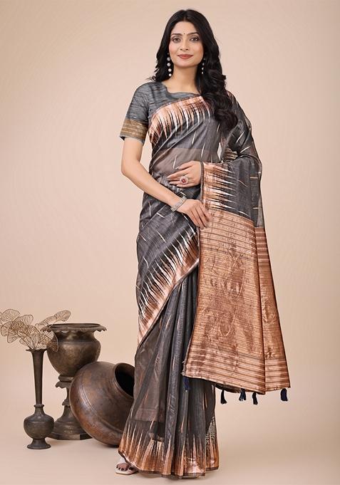 Grey Zari Work Linen Cotton Saree Set