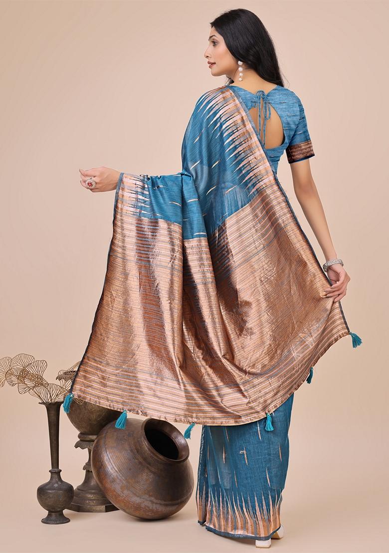 Blue Zari Work Linen Cotton Saree Set