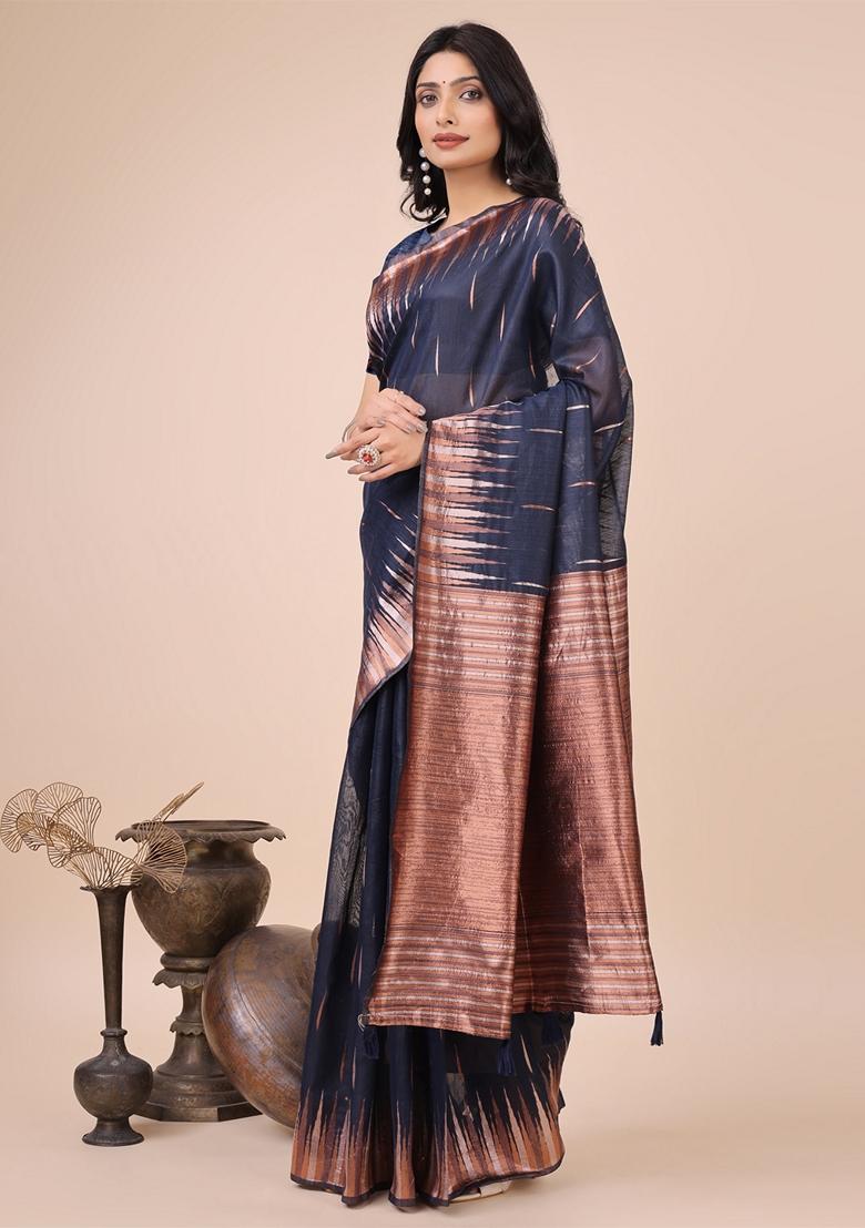 Navy Blue Zari Work Linen Cotton Saree Set